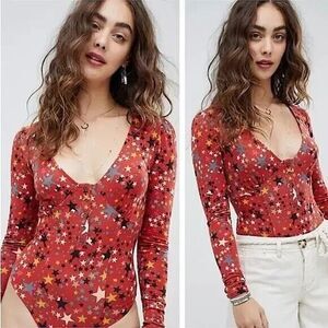 Free People Intimately Girls Like Us Red Star Printed Bodysuit Womens Medium